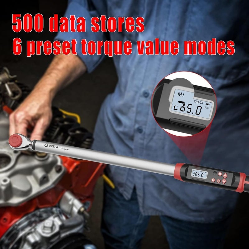 VANPO Digital Torque Wrench 1/2-Inch Drive 12.5-250.8 ft-lbs./17-340Nm, Electronic Torque Wrench with Buzzer & LED Indicator, Accurate to ±2%,Torque Wrench Set for Bike Moto Car - Image 2